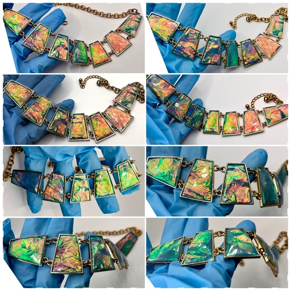 Vintage Style Opalescent Iridescent Green Gold Tone Geometric Statement Necklace - Picture 3 of 4